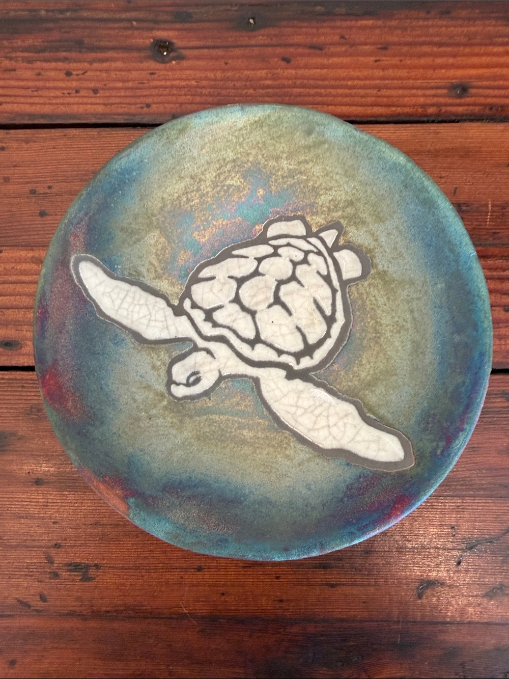 Handcrafted Sea Turtle Raku Pottery Wall Art / Trinket Dish Blue Green. Signed.